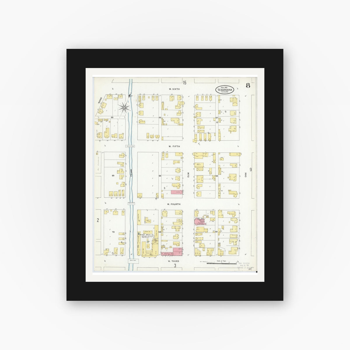 Old map wall art mockup — black gallery frame with white mat — Sanborn Fire Insurance Map from Texarkana, Bowie County, Texas (1909), Sheet #0008
