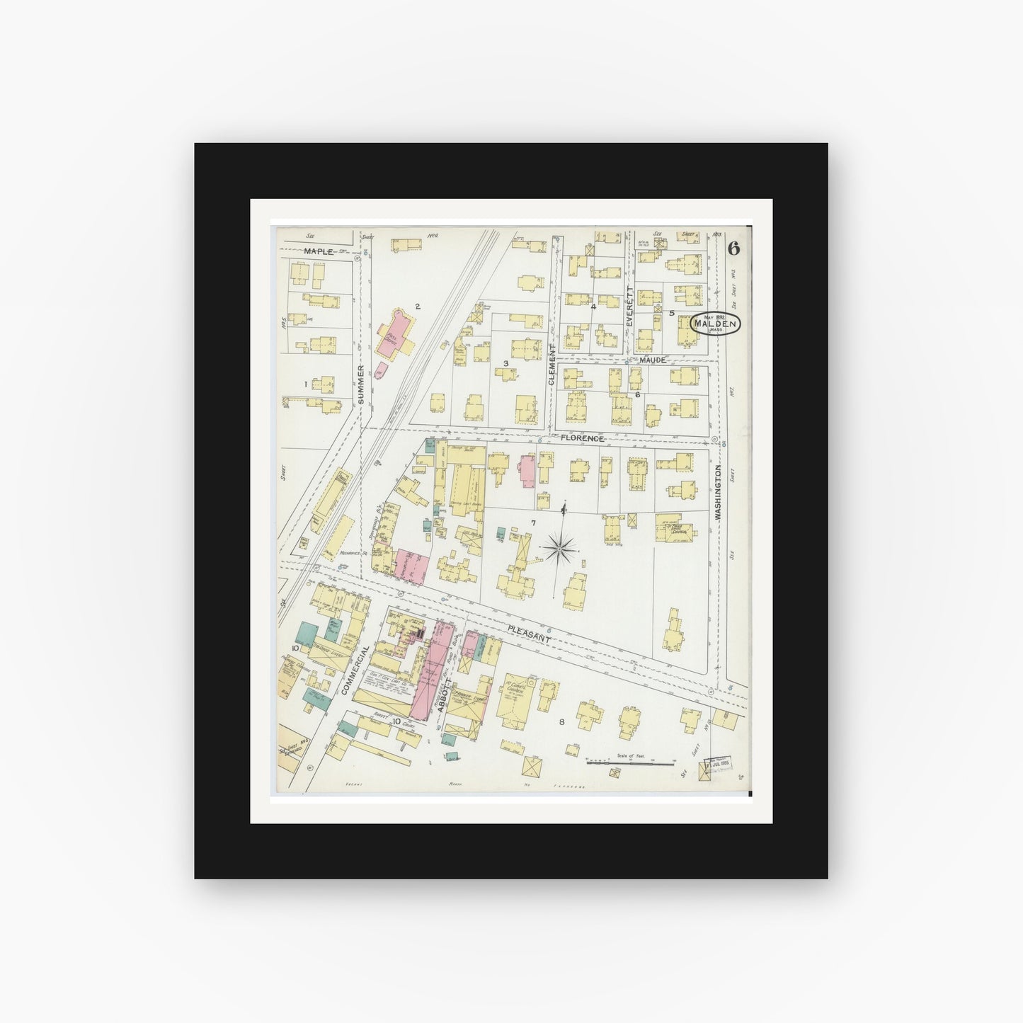 Old map wall art mockup — black gallery frame with white mat — Sanborn Fire Insurance Map from Malden, Middlesex County, Massachusetts (1892), Sheet #0006