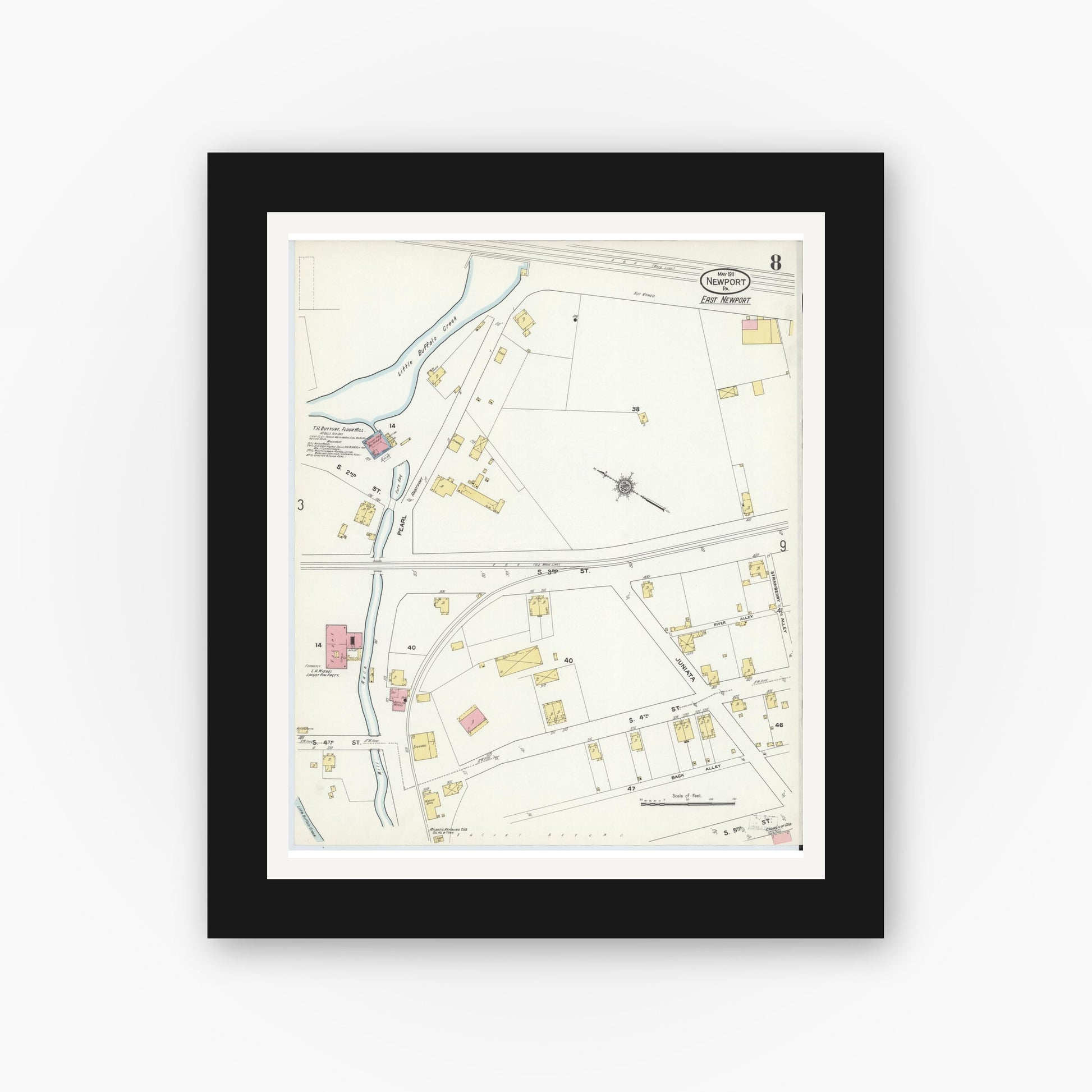 Old map wall art mockup — black gallery frame with white mat — Sanborn Fire Insurance Map from Newport, Perry County, Pennsylvania (1911), Sheet #0008