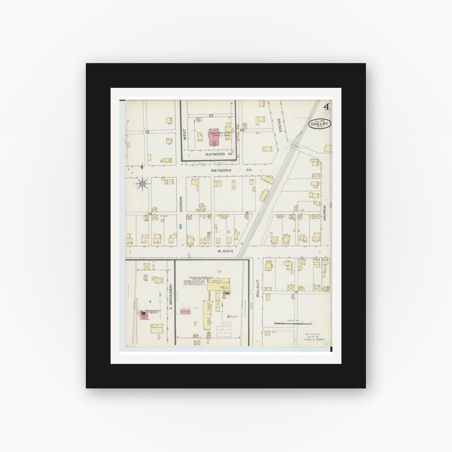 Old map wall art mockup — black gallery frame with white mat — Sanborn Fire Insurance Map from Shelby, Richland County, Ohio (1893), Sheet #0004