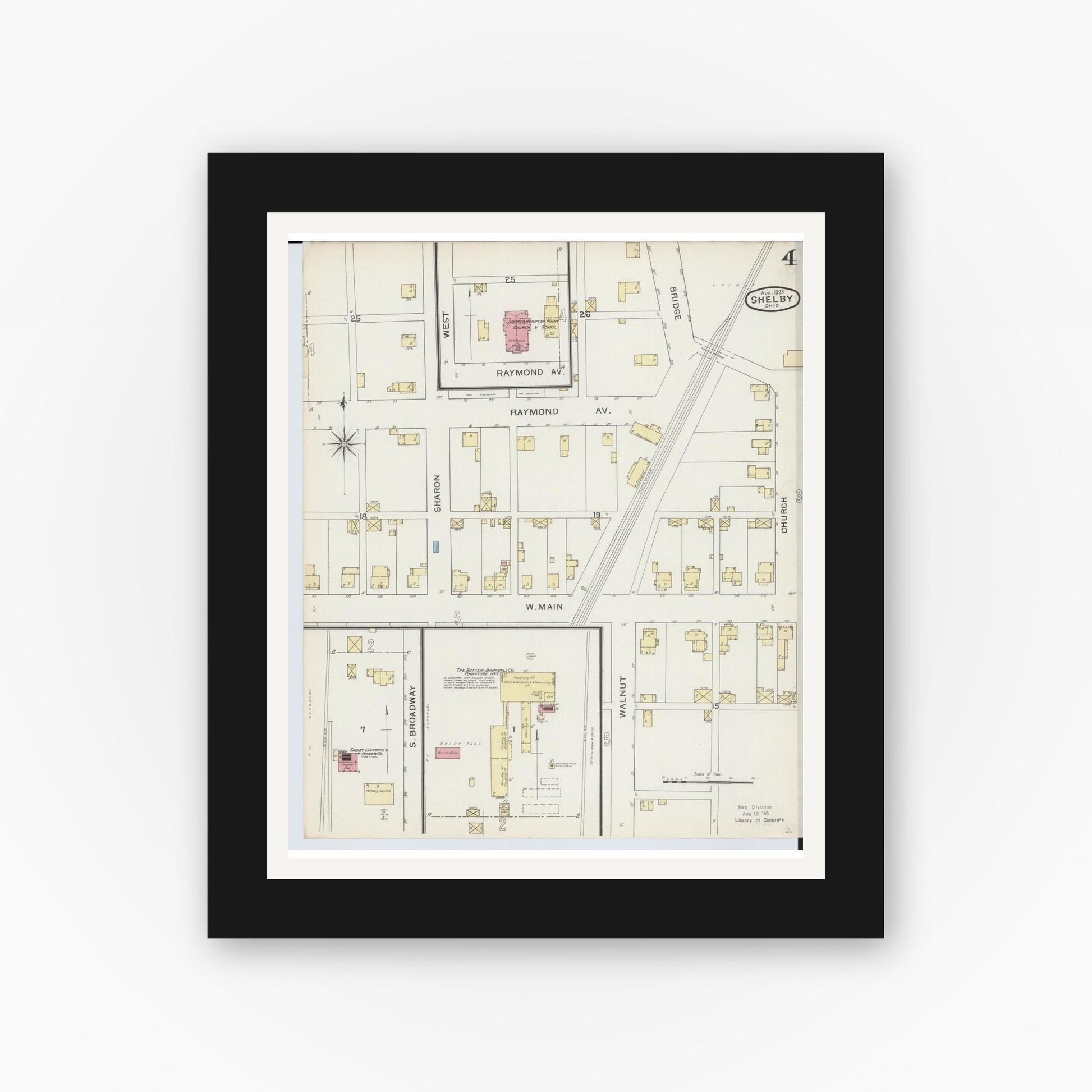 Old map wall art mockup — black gallery frame with white mat — Sanborn Fire Insurance Map from Shelby, Richland County, Ohio (1893), Sheet #0004