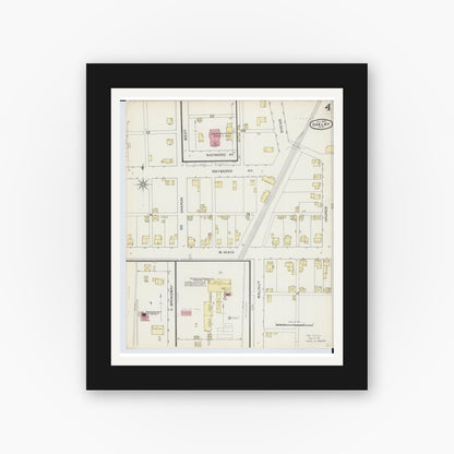 Old map wall art mockup — black gallery frame with white mat — Sanborn Fire Insurance Map from Shelby, Richland County, Ohio (1893), Sheet #0004