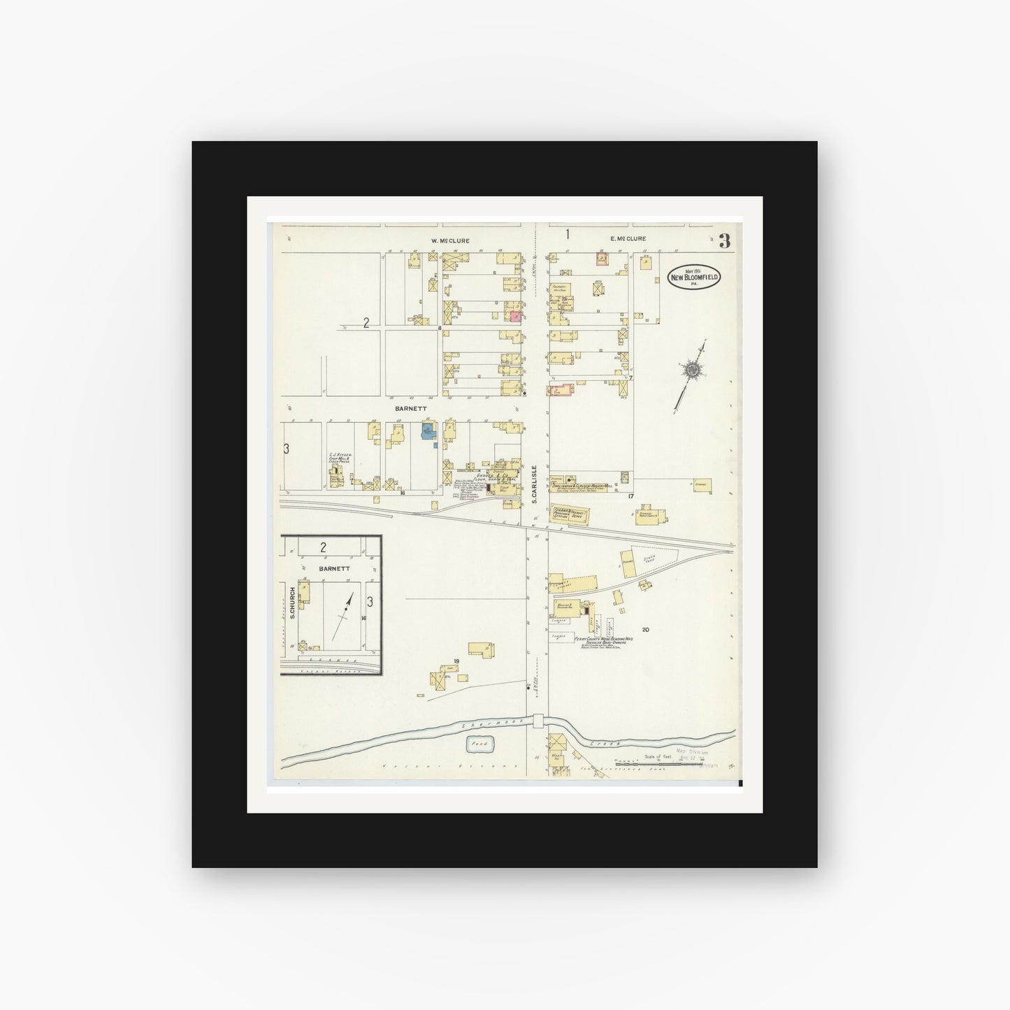 Old map wall art mockup — black gallery frame with white mat — Sanborn Fire Insurance Map from New Bloomfield, Perry County, Pennsylvania (1911), Sheet #0003