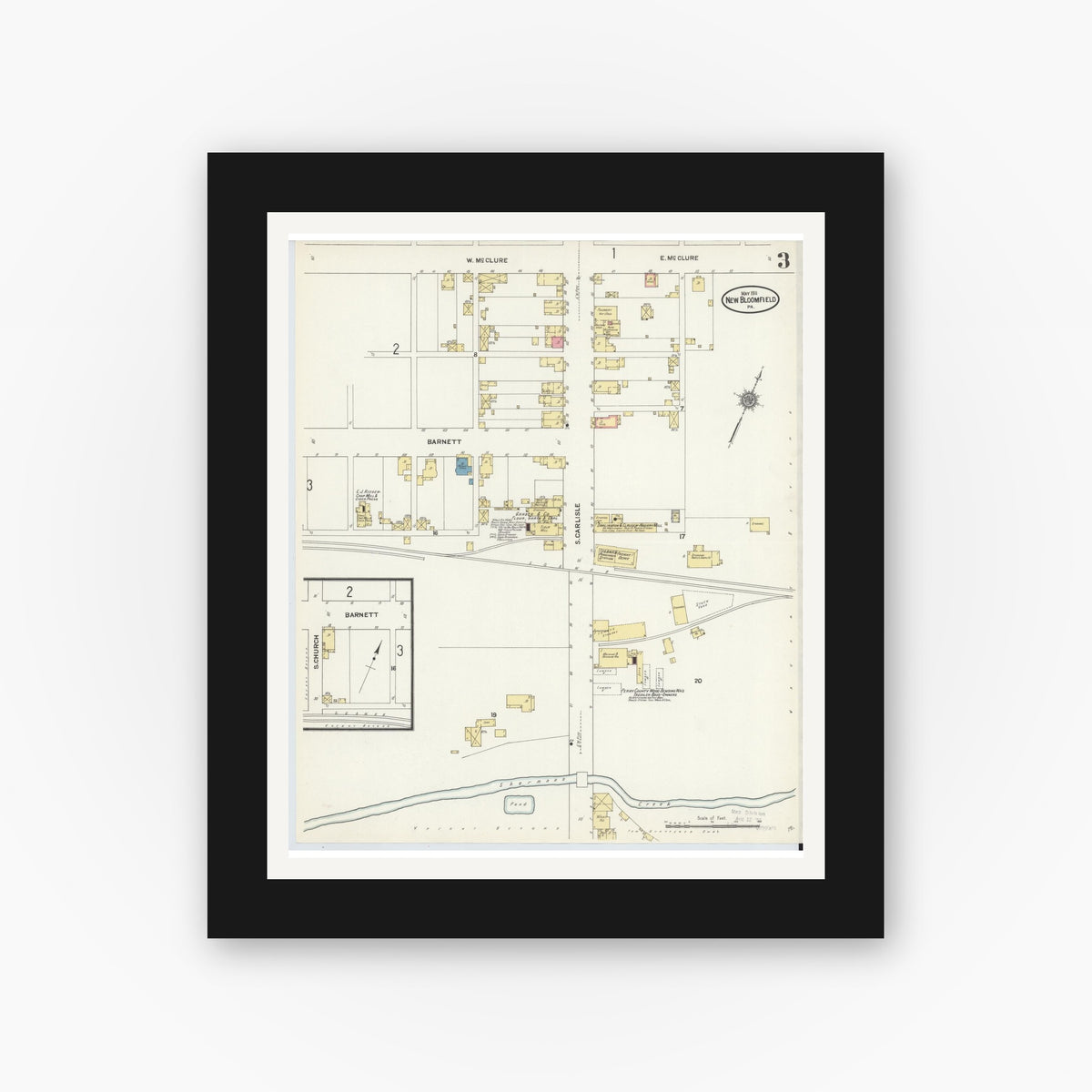 Old map wall art mockup — black gallery frame with white mat — Sanborn Fire Insurance Map from New Bloomfield, Perry County, Pennsylvania (1911), Sheet #0003