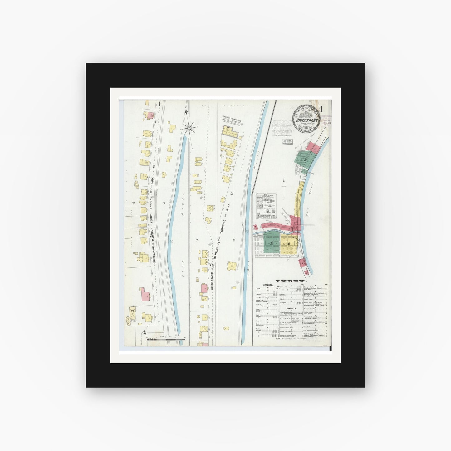 Old map wall art mockup — black gallery frame with white mat — Sanborn Fire Insurance Map from Bridgeport, Belmont County, Ohio (1903), Sheet #0001