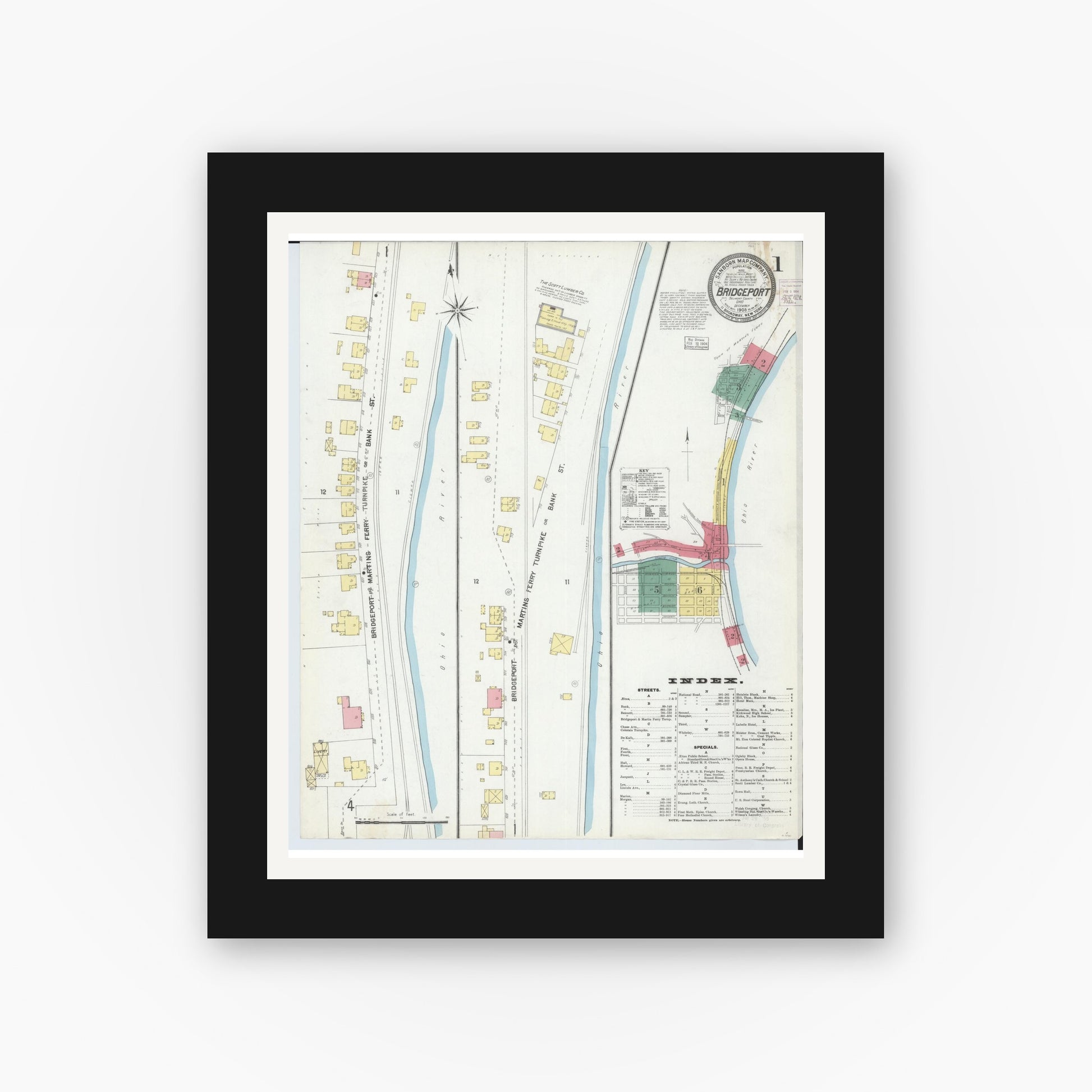 Old map wall art mockup — black gallery frame with white mat — Sanborn Fire Insurance Map from Bridgeport, Belmont County, Ohio (1903), Sheet #0001