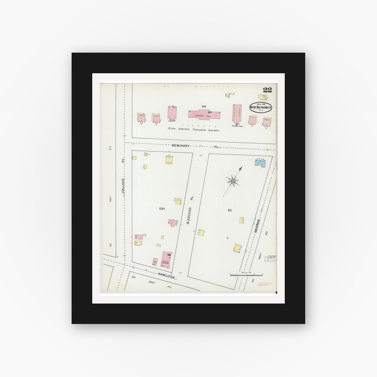 Old map wall art mockup — black gallery frame with white mat — Sanborn Fire Insurance Map from New Brunswick, Middlesex County, New Jersey (1892), Sheet #0022