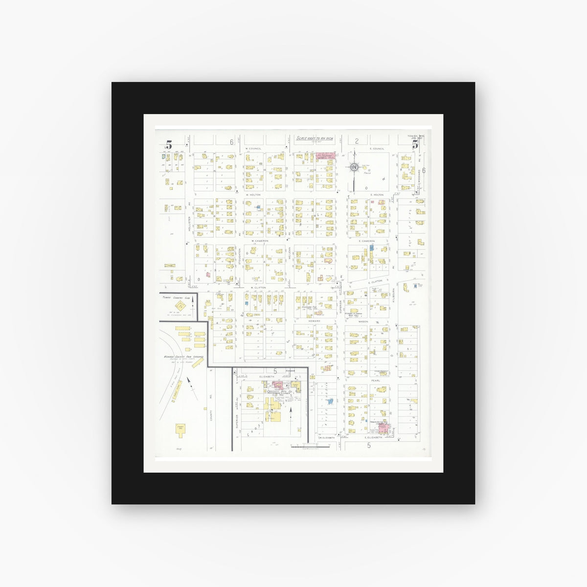 Old map wall art mockup — black gallery frame with white mat — Sanborn Fire Insurance Map from Tomah, Monroe County, Wisconsin (1937), Sheet #0005