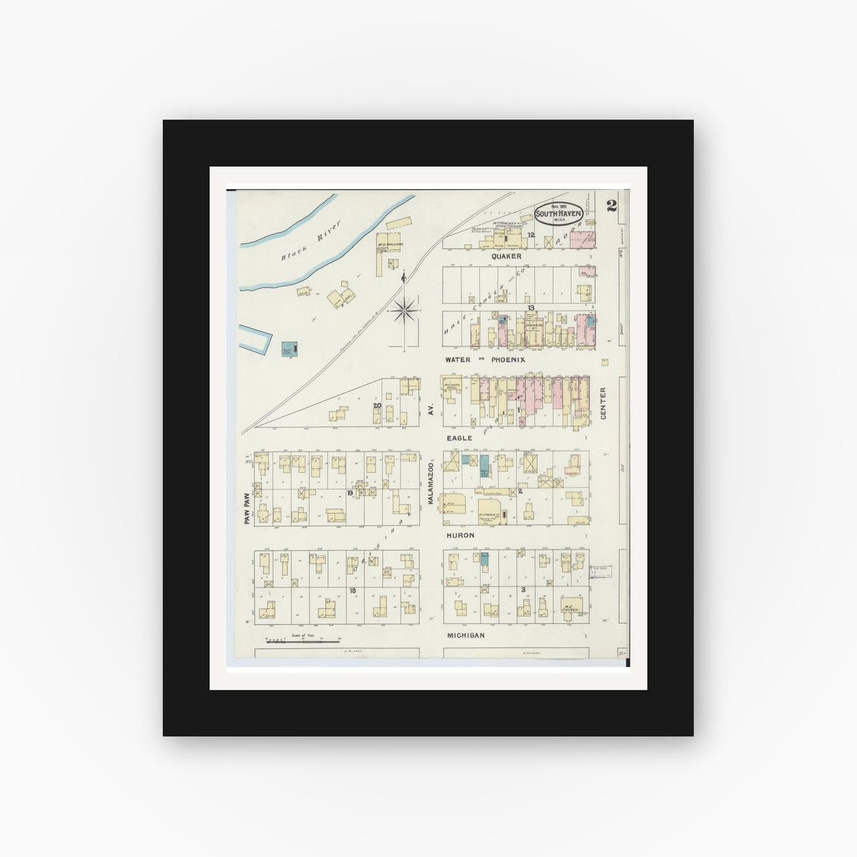 Old map wall art mockup — black gallery frame with white mat — Sanborn Fire Insurance Map from South Haven, Van Buren County, Michigan (1891), Sheet #0002