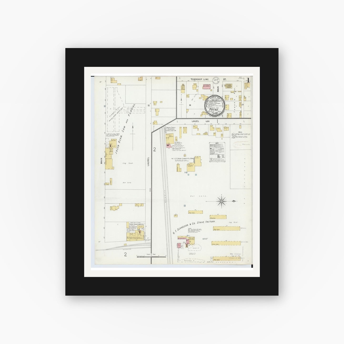 Old map wall art mockup — black gallery frame with white mat — Sanborn Fire Insurance Map from Payne, Paulding County, Ohio (1899), Sheet #0001