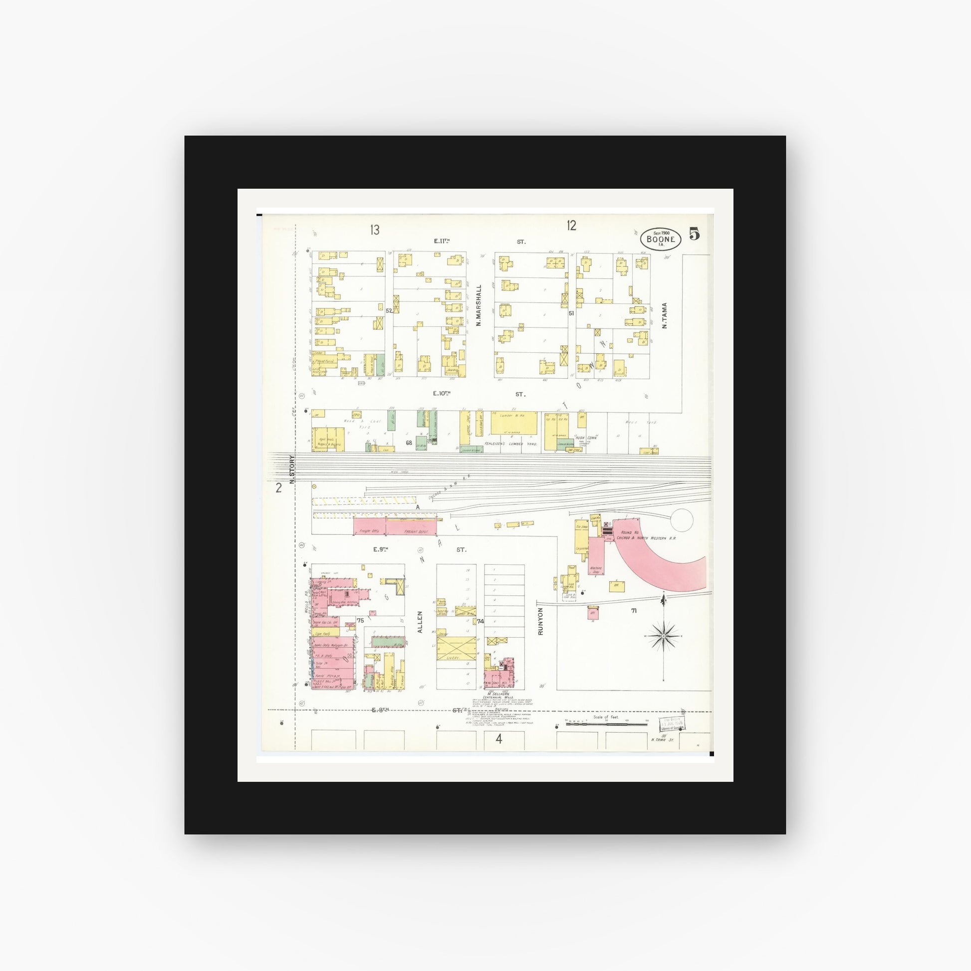 Old map wall art mockup — black gallery frame with white mat — Sanborn Fire Insurance Map from Boone, Boone County, Iowa (1900), Sheet #0005