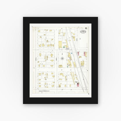 Old map wall art mockup — black gallery frame with white mat — Sanborn Fire Insurance Map from Rock Rapids, Lyon County, Iowa (1899), Sheet #0002