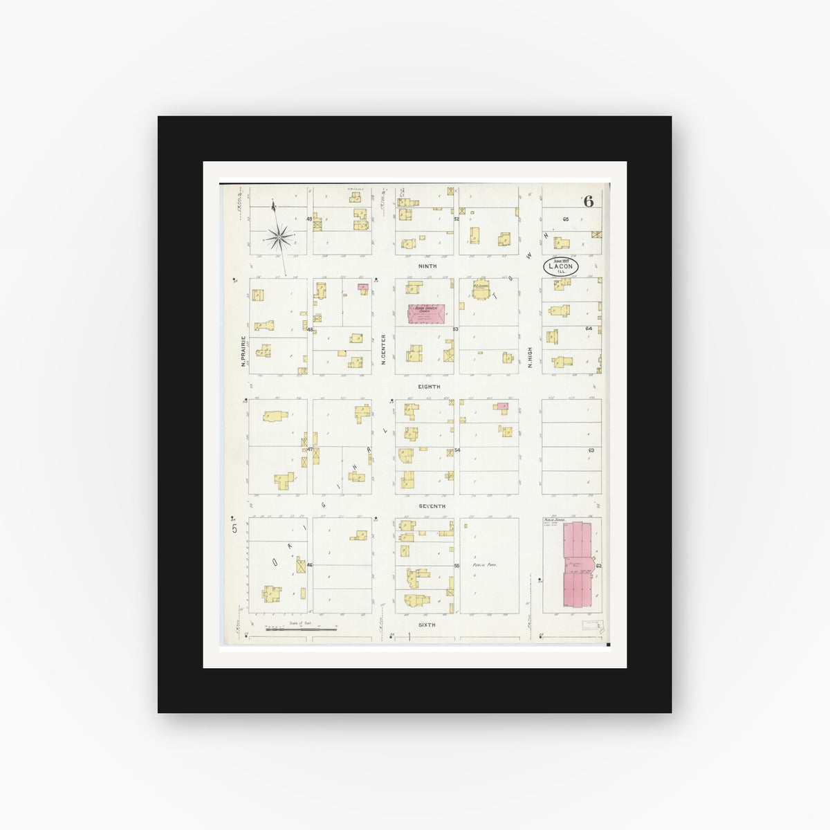 Old map wall art mockup — black gallery frame with white mat — Sanborn Fire Insurance Map from Lacon, Marshall County, Illinois (1907), Sheet #0006