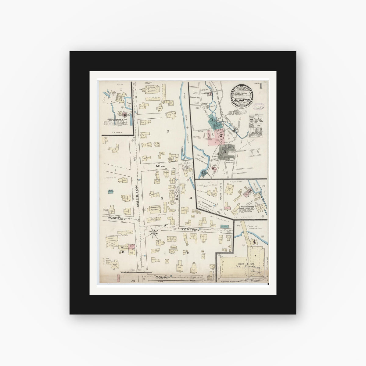 Old map wall art mockup — black gallery frame with white mat — Sanborn Fire Insurance Map from Arlington, Middlesex County, Massachusetts (1885), Sheet #0001
