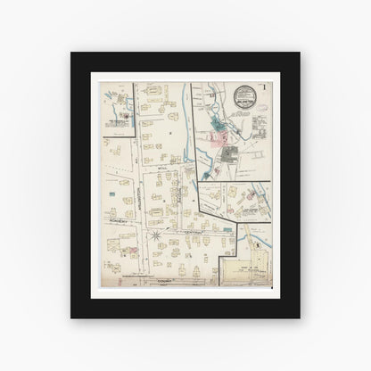 Old map wall art mockup — black gallery frame with white mat — Sanborn Fire Insurance Map from Arlington, Middlesex County, Massachusetts (1885), Sheet #0001
