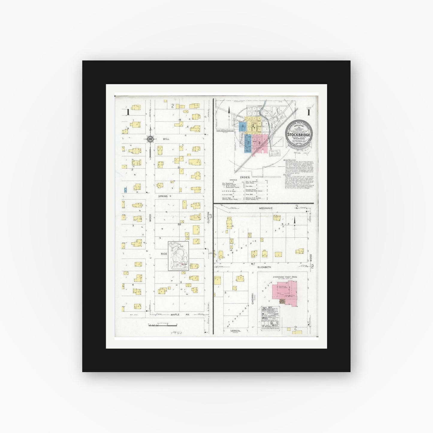 Old map wall art mockup — black gallery frame with white mat — Sanborn Fire Insurance Map from Stockbridge, Ingham County, Michigan (1930) - Complete Map Set
