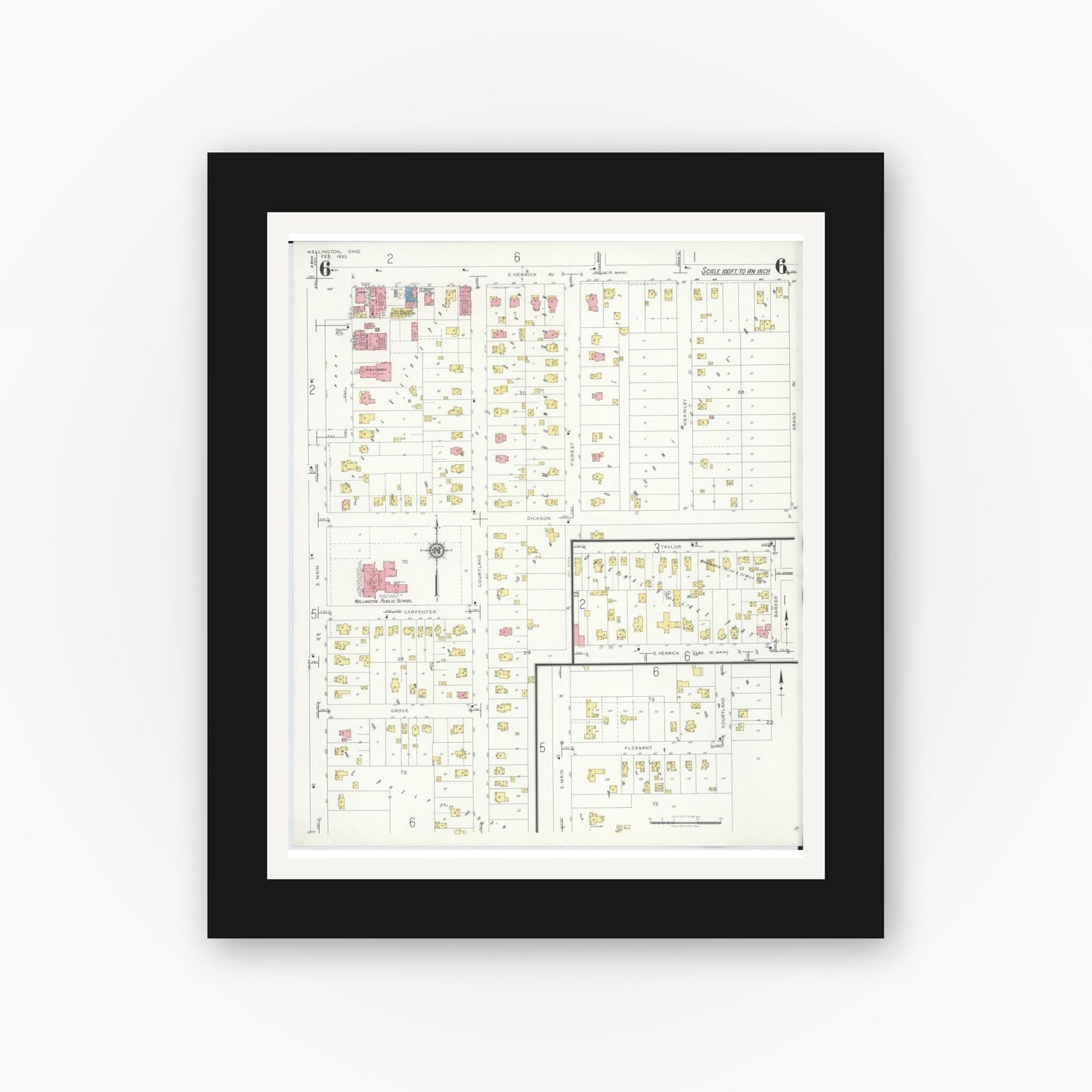 Old map wall art mockup — black gallery frame with white mat — Sanborn Fire Insurance Map from Wellington, Lorain County, Ohio (1933), Sheet #0006