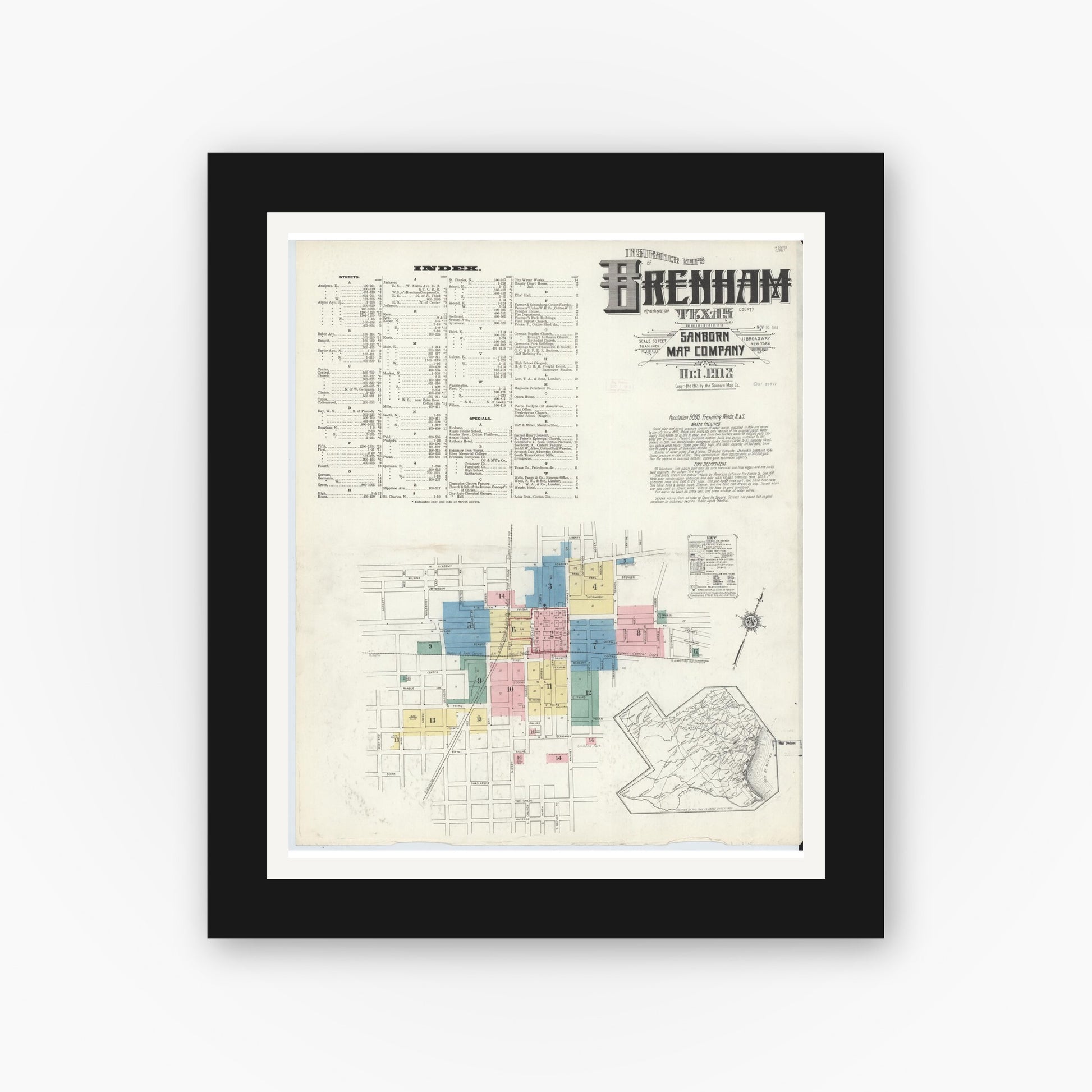 Old map wall art mockup — black gallery frame with white mat — Sanborn Fire Insurance Map from Brenham, Washington County, Texas (1912), Sheet #0001