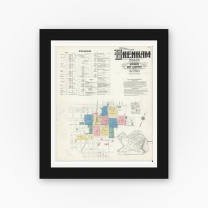 Old map wall art mockup — black gallery frame with white mat — Sanborn Fire Insurance Map from Brenham, Washington County, Texas (1912), Sheet #0001