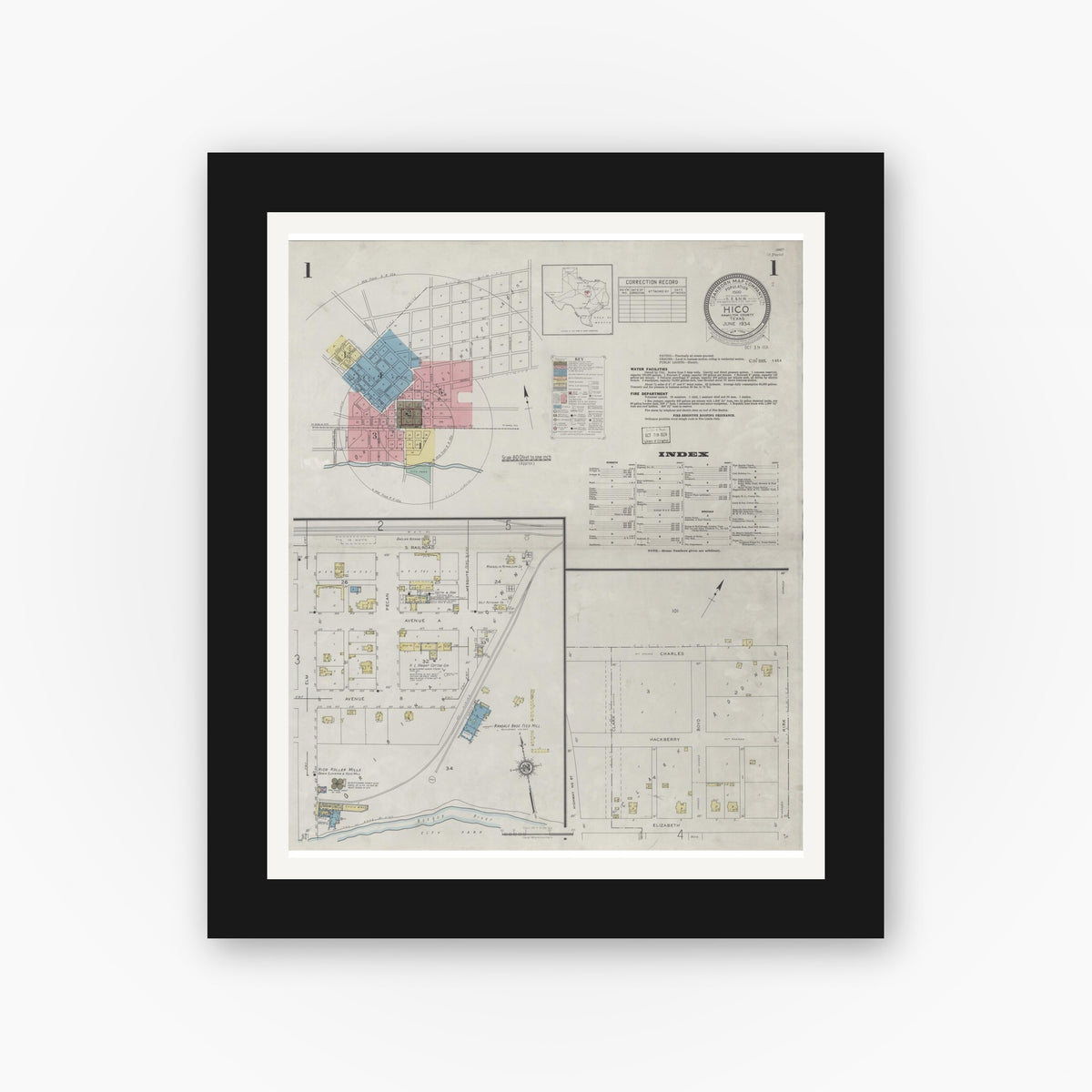Old map wall art mockup — black gallery frame with white mat — Sanborn Fire Insurance Map from Hico, Hamilton County, Texas (1934) - Complete Map Set