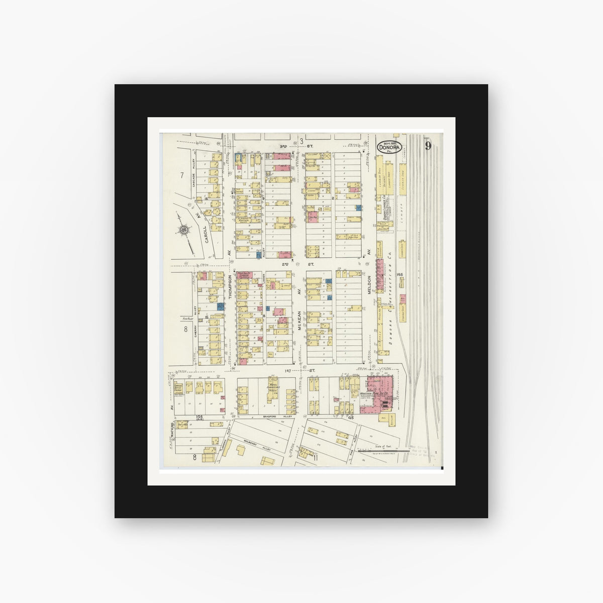 Old map wall art mockup — black gallery frame with white mat — Sanborn Fire Insurance Map from Donora, Washington County, Pennsylvania (1921), Sheet #0009