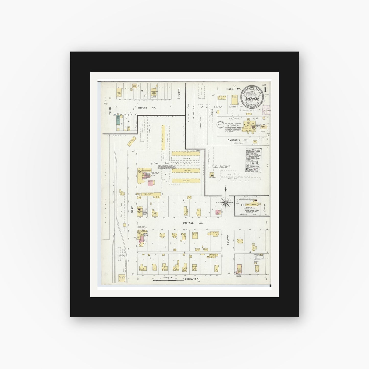 Old map wall art mockup — black gallery frame with white mat — Sanborn Fire Insurance Map from Shepherd, Isabella County, Michigan (1902) - Complete Map Set