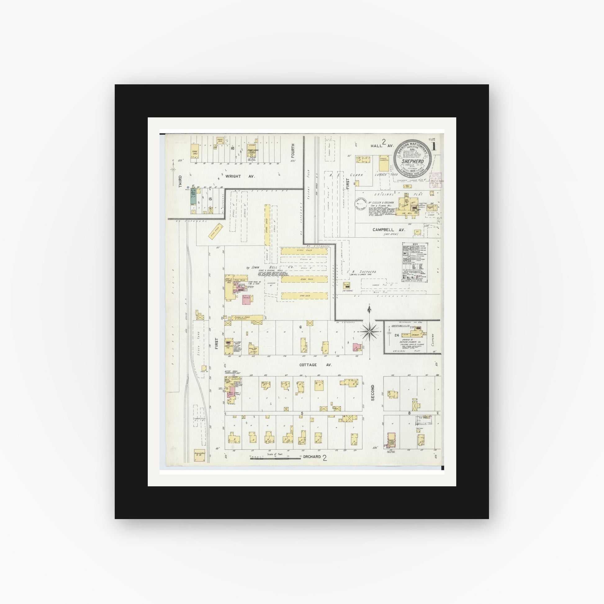 Old map wall art mockup — black gallery frame with white mat — Sanborn Fire Insurance Map from Shepherd, Isabella County, Michigan (1902) - Complete Map Set