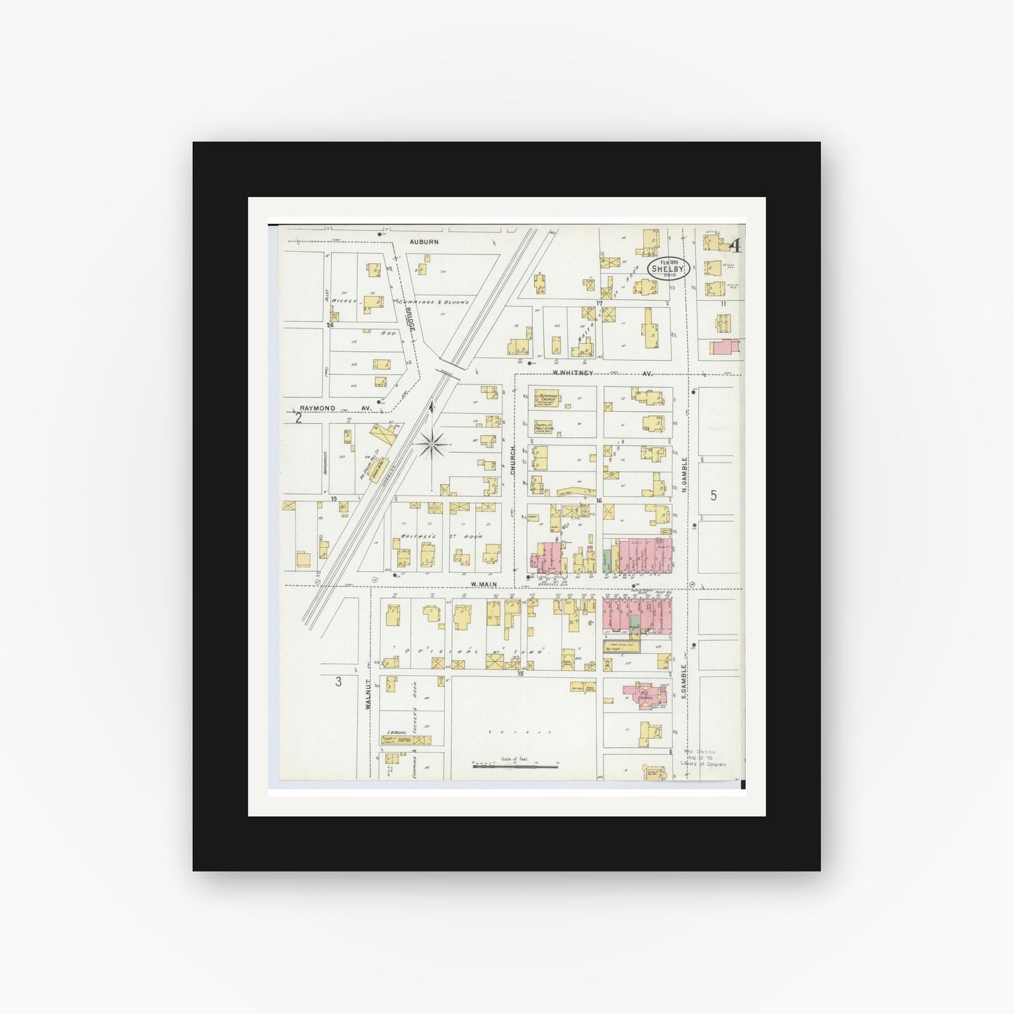 Old map wall art mockup — black gallery frame with white mat — Sanborn Fire Insurance Map from Shelby, Richland County, Ohio (1899), Sheet #0004