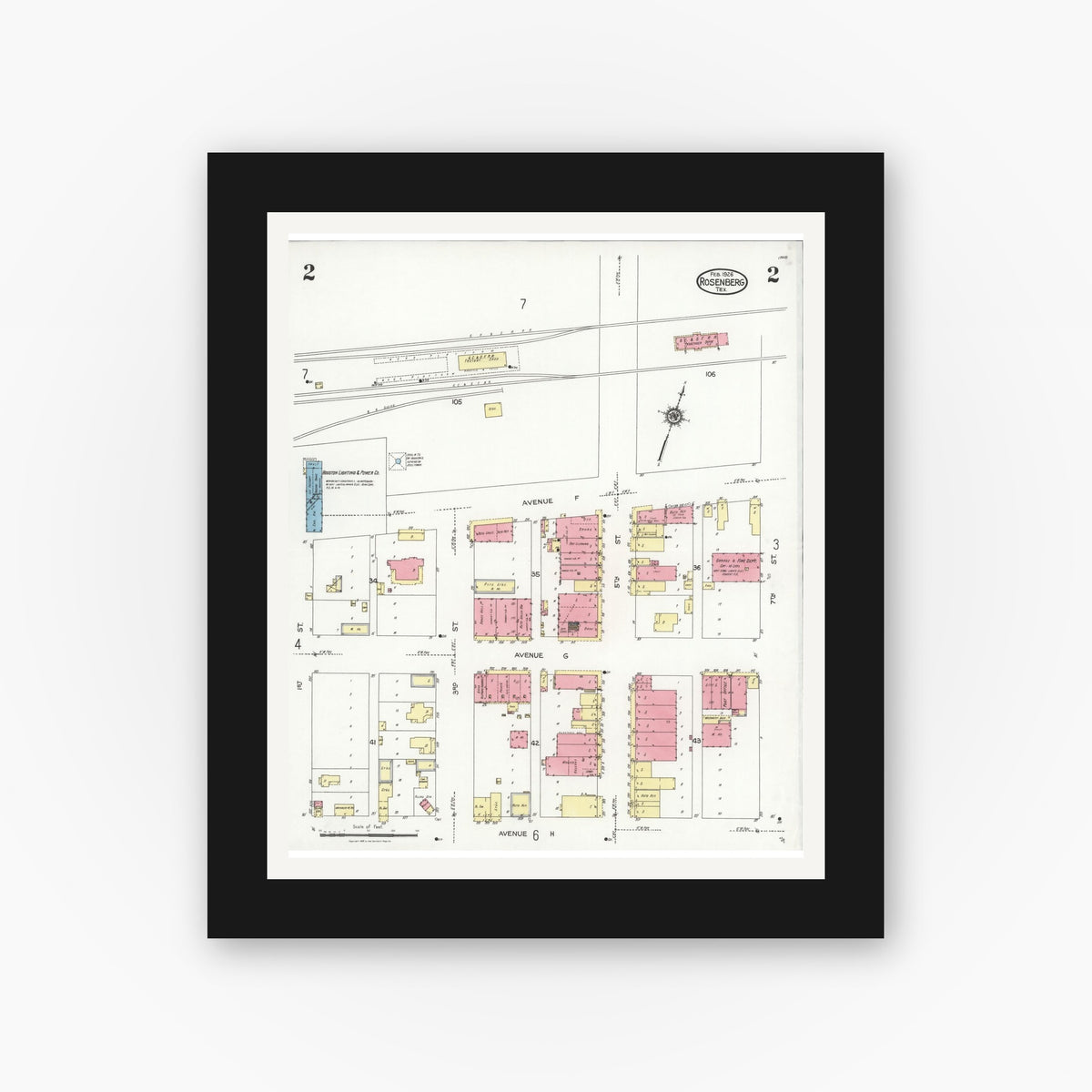 Old map wall art mockup — black gallery frame with white mat — Sanborn Fire Insurance Map from Rosenberg, Fort Bend County, Texas (1926), Sheet #0002