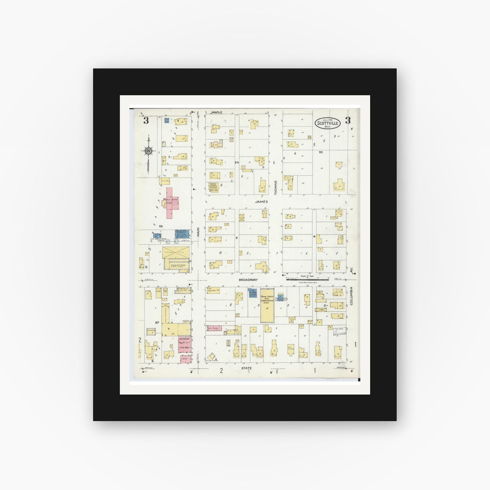 Old map wall art mockup — black gallery frame with white mat — Sanborn Fire Insurance Map from Scottville, Mason County, Michigan (1924), Sheet #0003