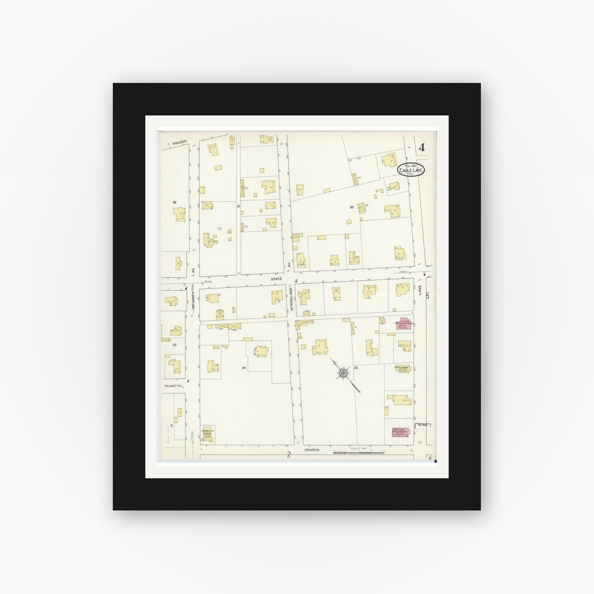 Old map wall art mockup — black gallery frame with white mat — Sanborn Fire Insurance Map from Eagle Lake, Colorado County, Texas (1912), Sheet #0004