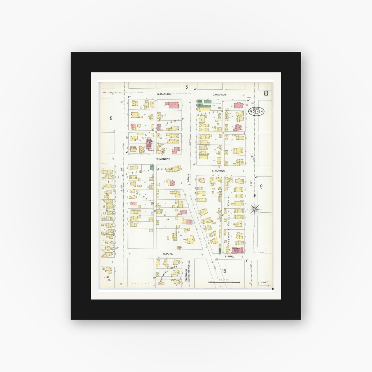 Old map wall art mockup — black gallery frame with white mat — Sanborn Fire Insurance Map from Goshen, Elkhart County, Indiana (1901), Sheet #0008