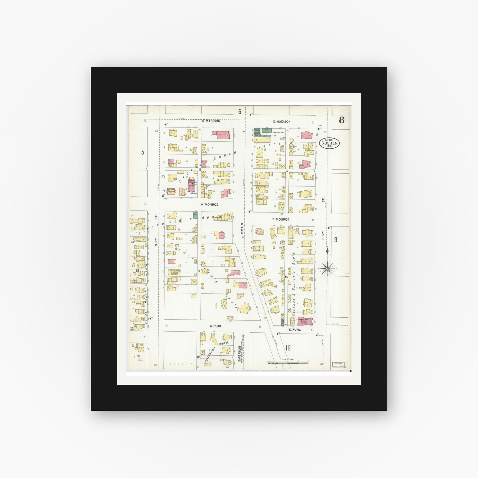 Old map wall art mockup — black gallery frame with white mat — Sanborn Fire Insurance Map from Goshen, Elkhart County, Indiana (1901), Sheet #0008