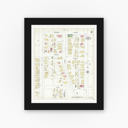 Old map wall art mockup — black gallery frame with white mat — Sanborn Fire Insurance Map from Goshen, Elkhart County, Indiana (1901), Sheet #0008
