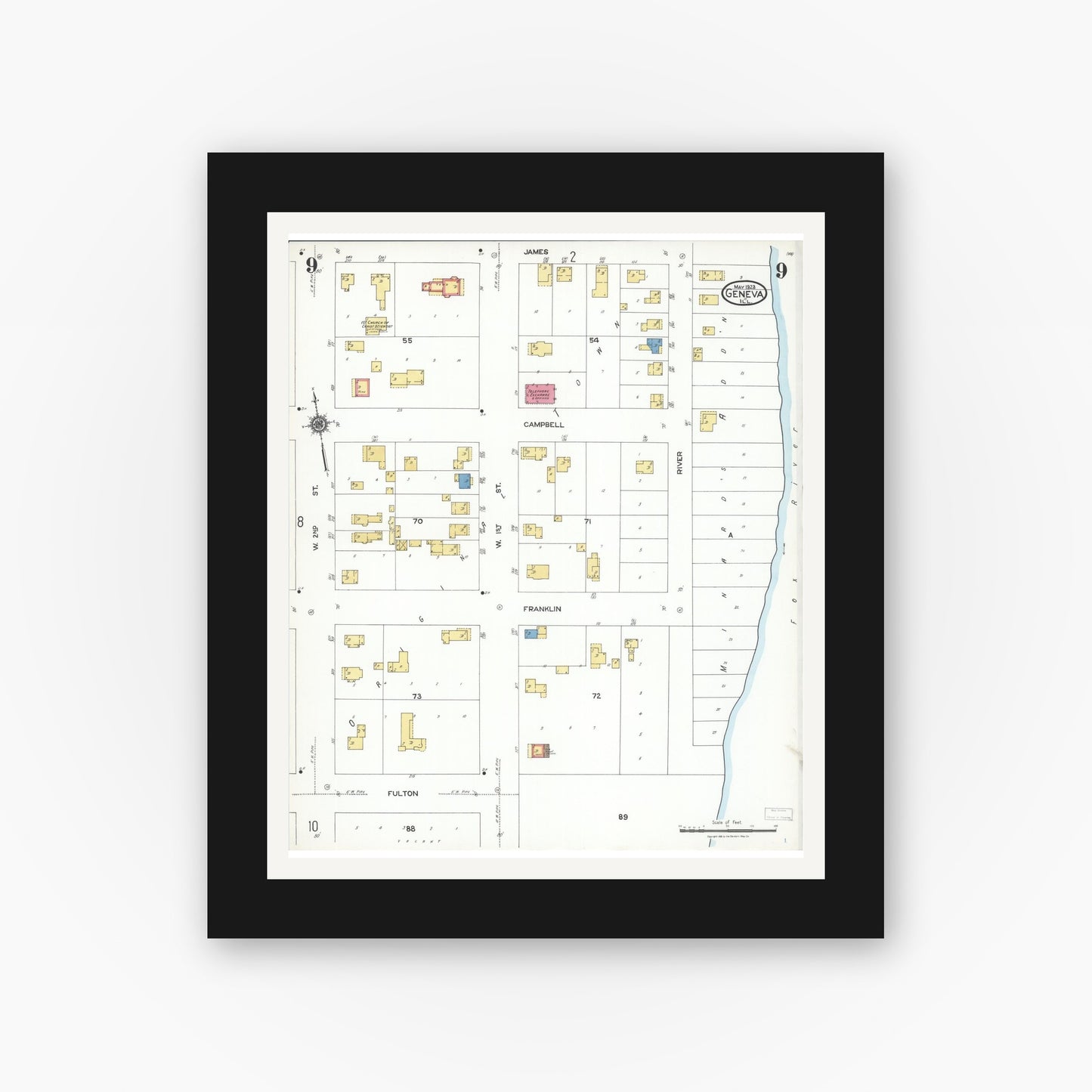 Old map wall art mockup — black gallery frame with white mat — Sanborn Fire Insurance Map from Geneva, Kane County, Illinois (1923), Sheet #0009
