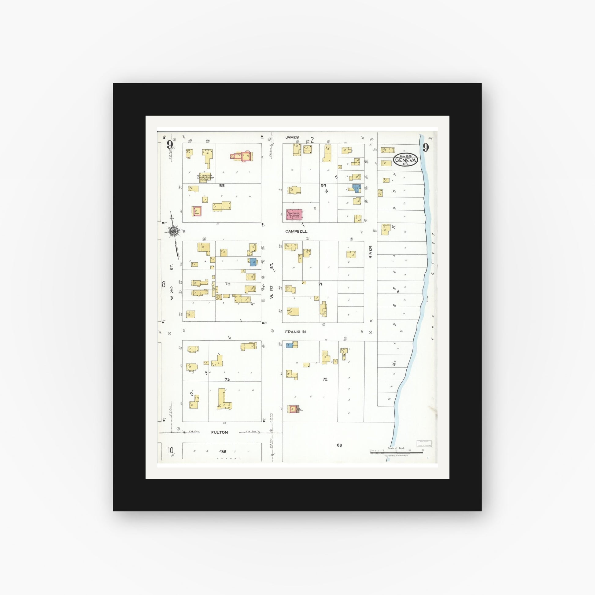 Old map wall art mockup — black gallery frame with white mat — Sanborn Fire Insurance Map from Geneva, Kane County, Illinois (1923), Sheet #0009