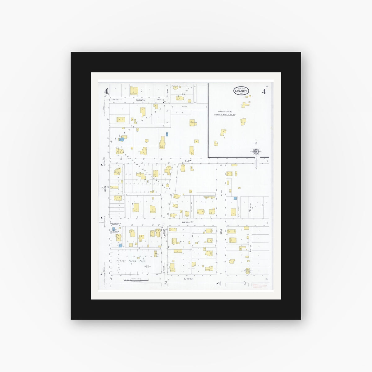 Old map wall art mockup — black gallery frame with white mat — Sanborn Fire Insurance Map from Granby, Newton County, Missouri (1930), Sheet #0004