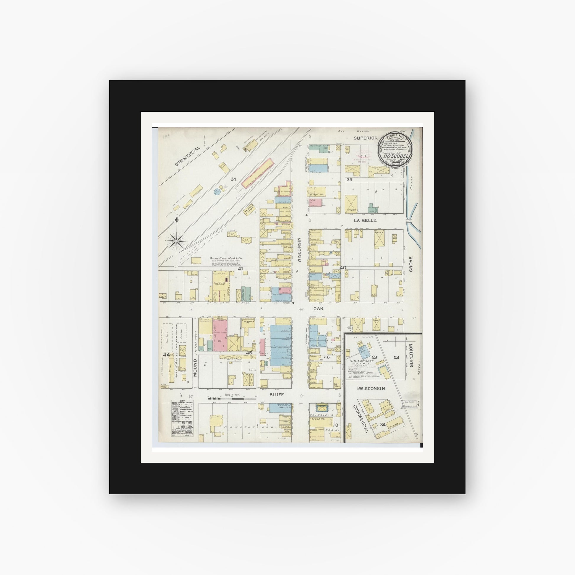 Old map wall art mockup — black gallery frame with white mat — Sanborn Fire Insurance Map from Boscobel, Grant County, Wisconsin (1892), Sheet #0001
