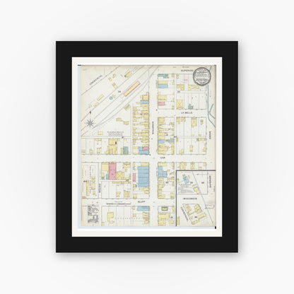 Old map wall art mockup — black gallery frame with white mat — Sanborn Fire Insurance Map from Boscobel, Grant County, Wisconsin (1892), Sheet #0001