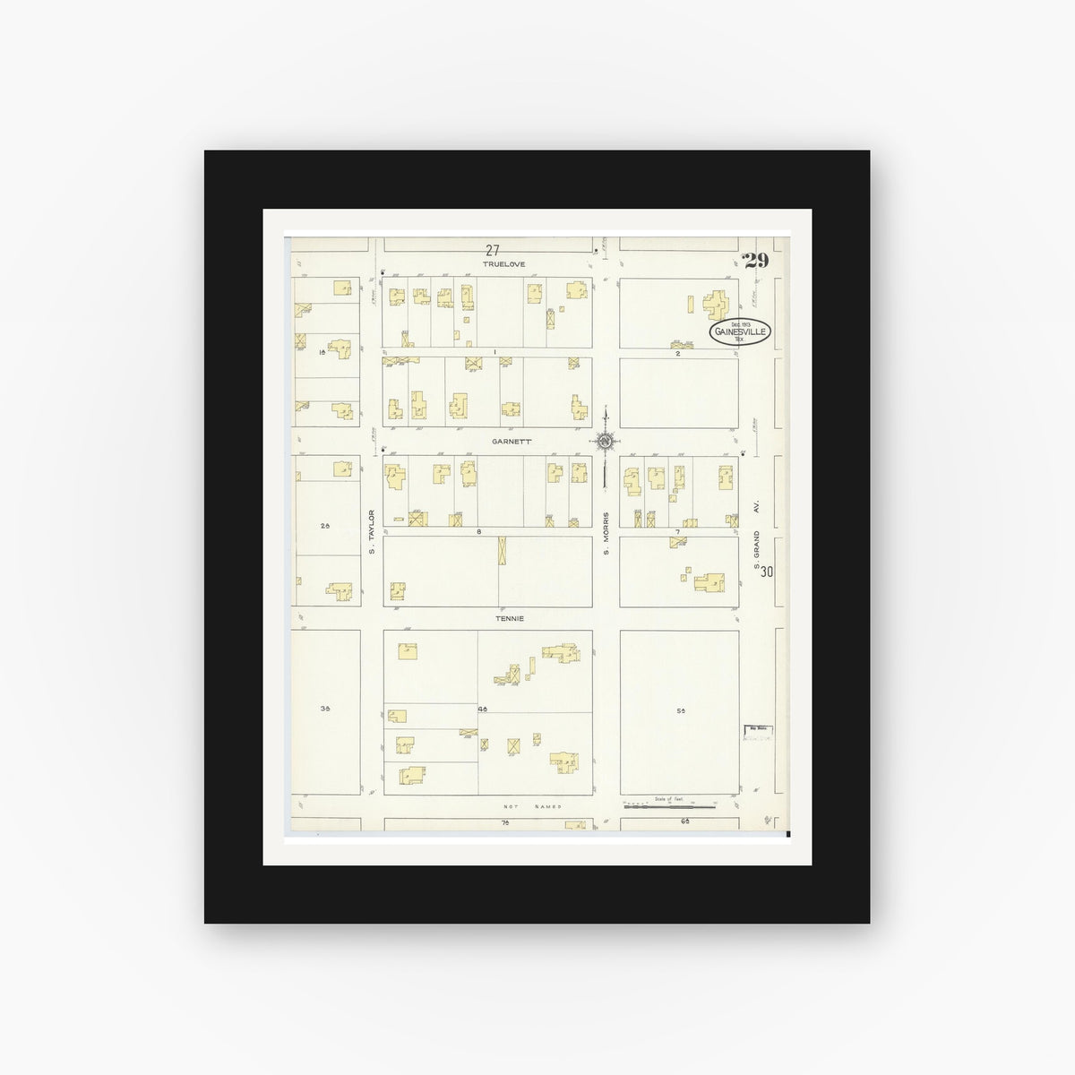 Old map wall art mockup — black gallery frame with white mat — Sanborn Fire Insurance Map from Gainesville, Cooke County, Texas (1913), Sheet #0029