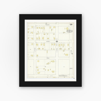 Old map wall art mockup — black gallery frame with white mat — Sanborn Fire Insurance Map from Gainesville, Cooke County, Texas (1913), Sheet #0029