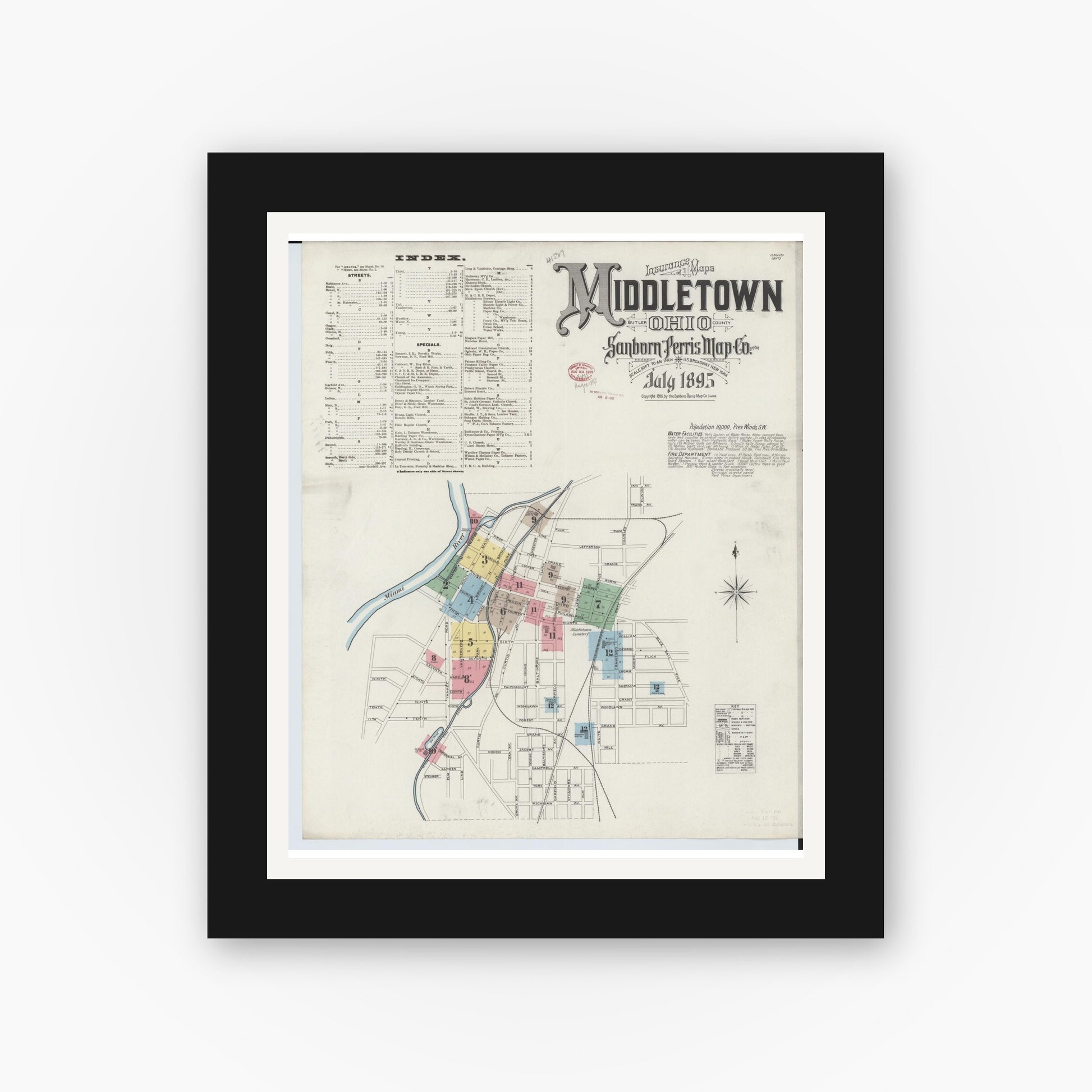 Old map wall art mockup — black gallery frame with white mat — Sanborn Fire Insurance Map from Middletown, Butler County, Ohio (1895) - Complete Map Set