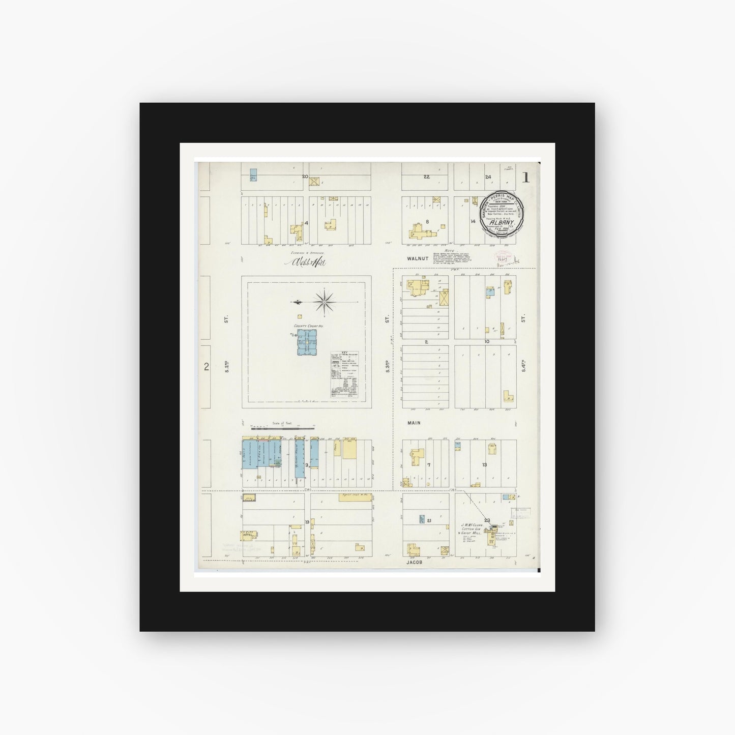 Old map wall art mockup — black gallery frame with white mat — Sanborn Fire Insurance Map from Albany, Shackelford County, Texas (1896), Sheet #0001