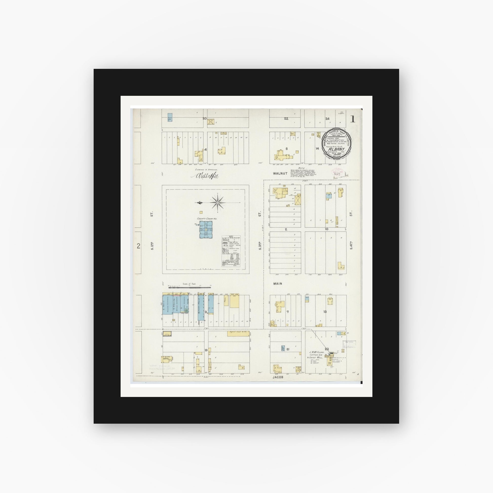 Old map wall art mockup — black gallery frame with white mat — Sanborn Fire Insurance Map from Albany, Shackelford County, Texas (1896), Sheet #0001