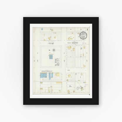 Old map wall art mockup — black gallery frame with white mat — Sanborn Fire Insurance Map from Albany, Shackelford County, Texas (1896), Sheet #0001