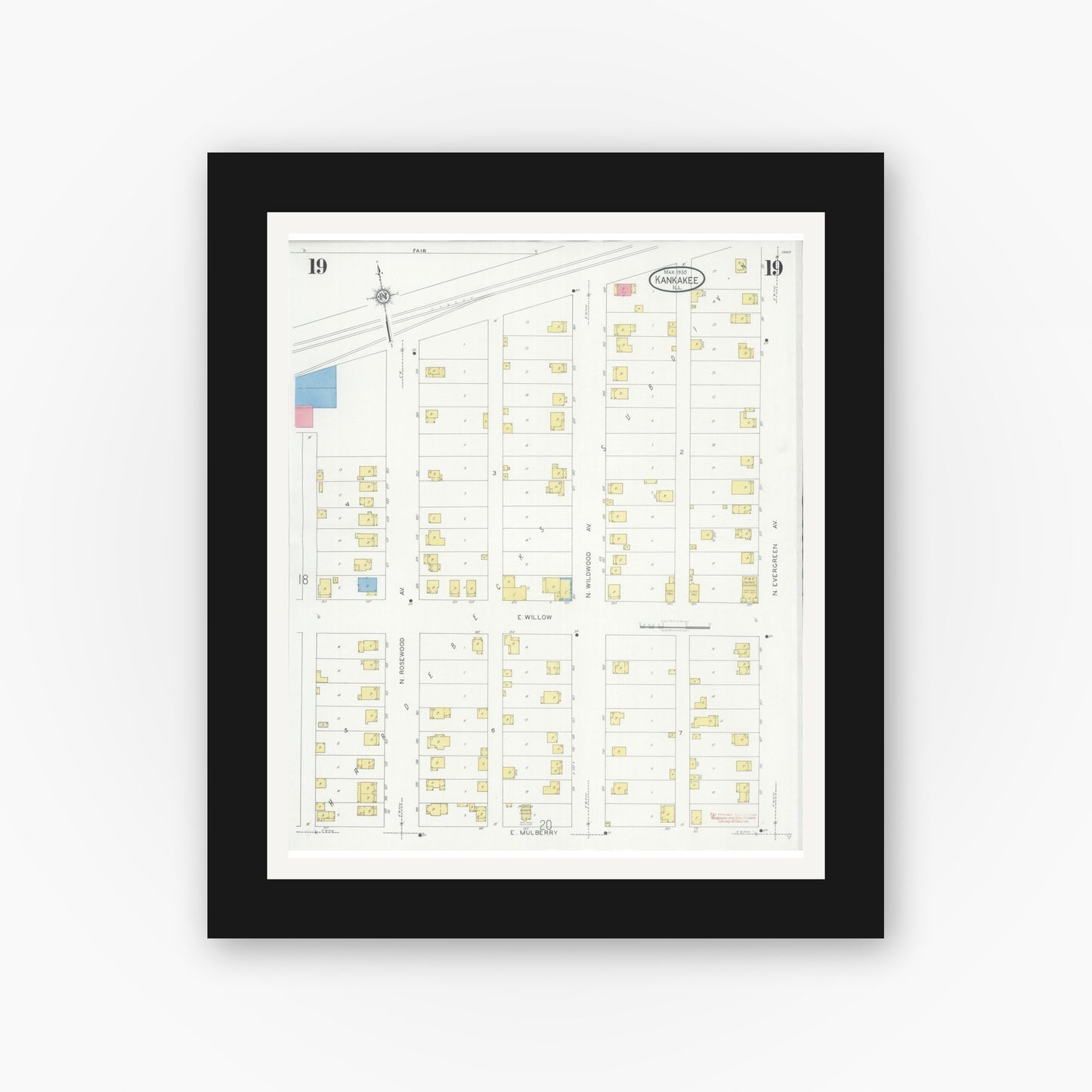 Old map wall art mockup — black gallery frame with white mat — Sanborn Fire Insurance Map from Kankakee, Kankakee County, Illinois (1930), Sheet #0019