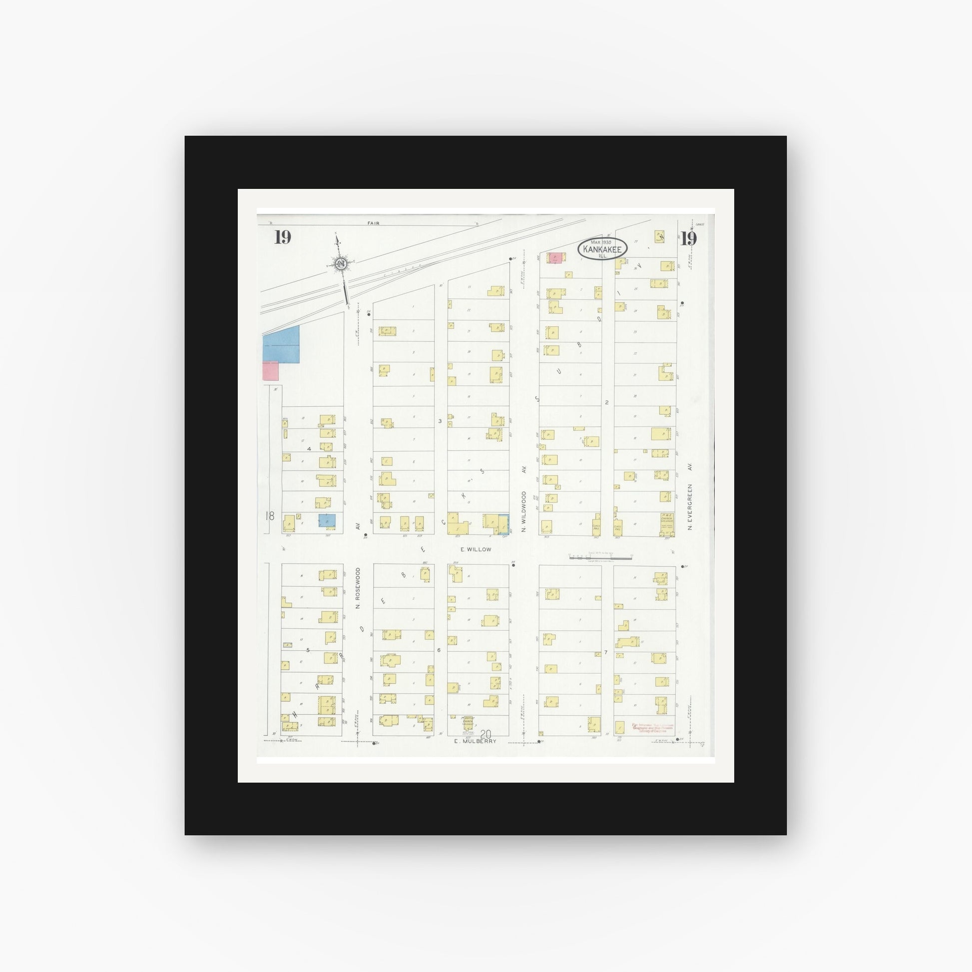 Old map wall art mockup — black gallery frame with white mat — Sanborn Fire Insurance Map from Kankakee, Kankakee County, Illinois (1930), Sheet #0019