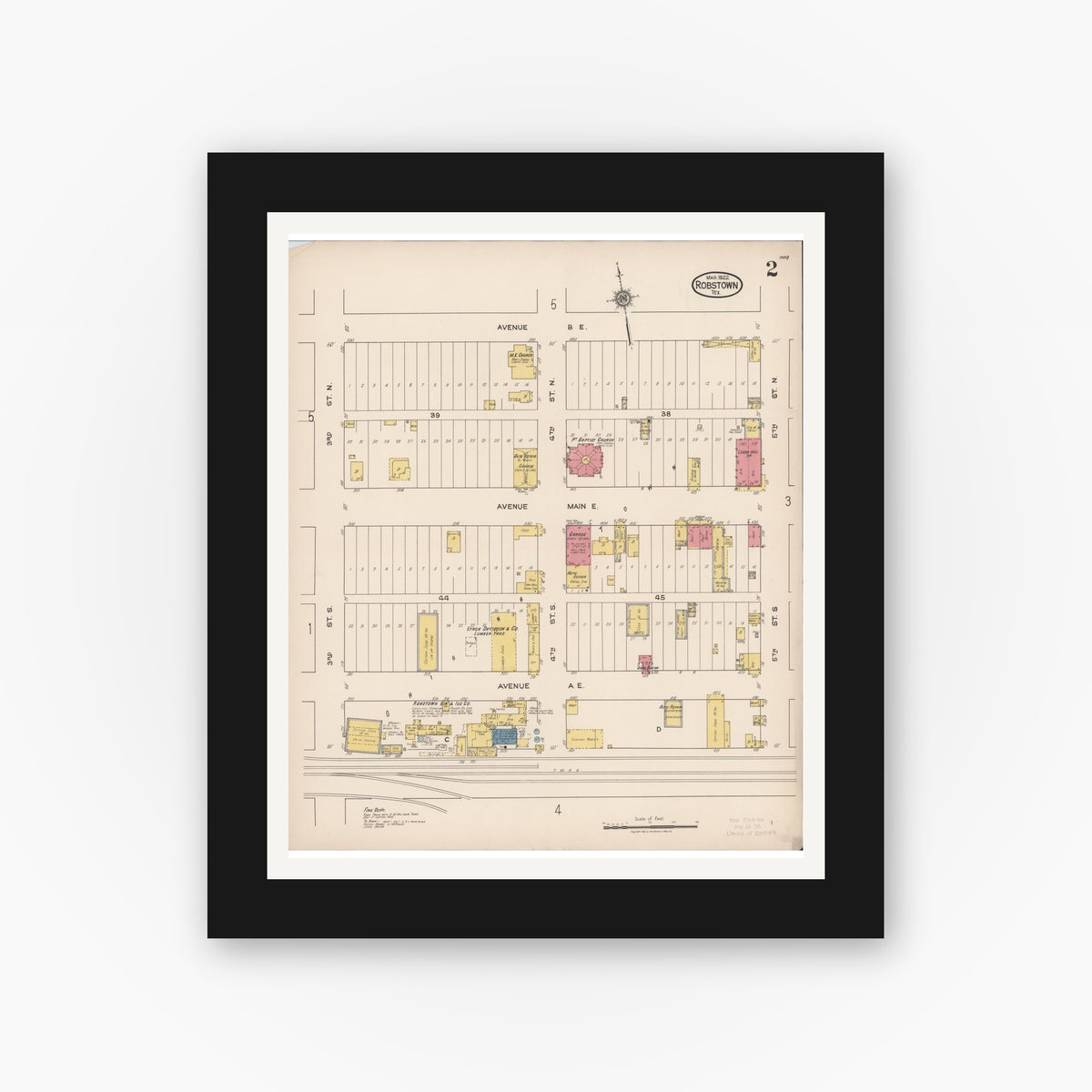 Old map wall art mockup — black gallery frame with white mat — Sanborn Fire Insurance Map from Robstown, Nueces County, Texas (1922), Sheet #0002