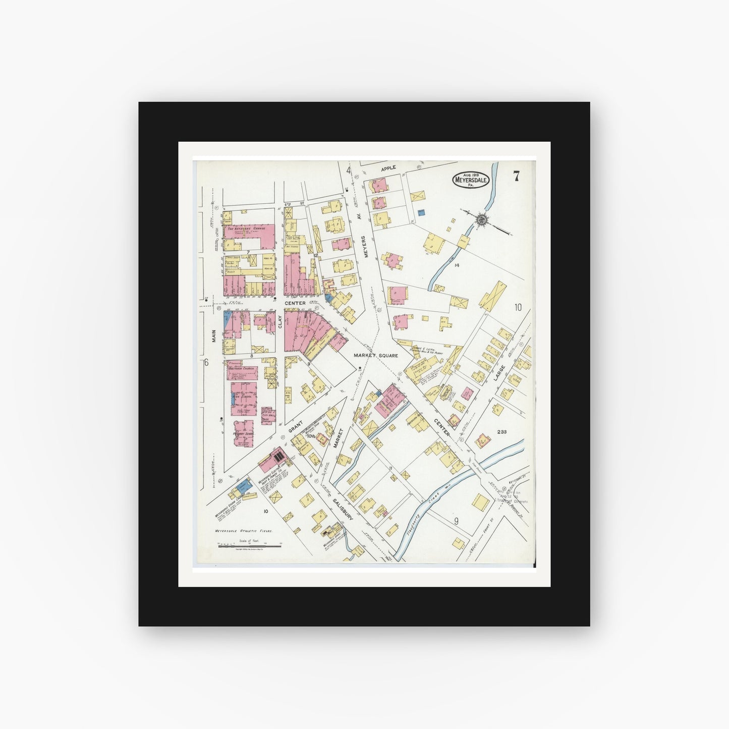 Old map wall art mockup — black gallery frame with white mat — Sanborn Fire Insurance Map from Meyersdale, Somerset County, Pennsylvania (1919), Sheet #0007