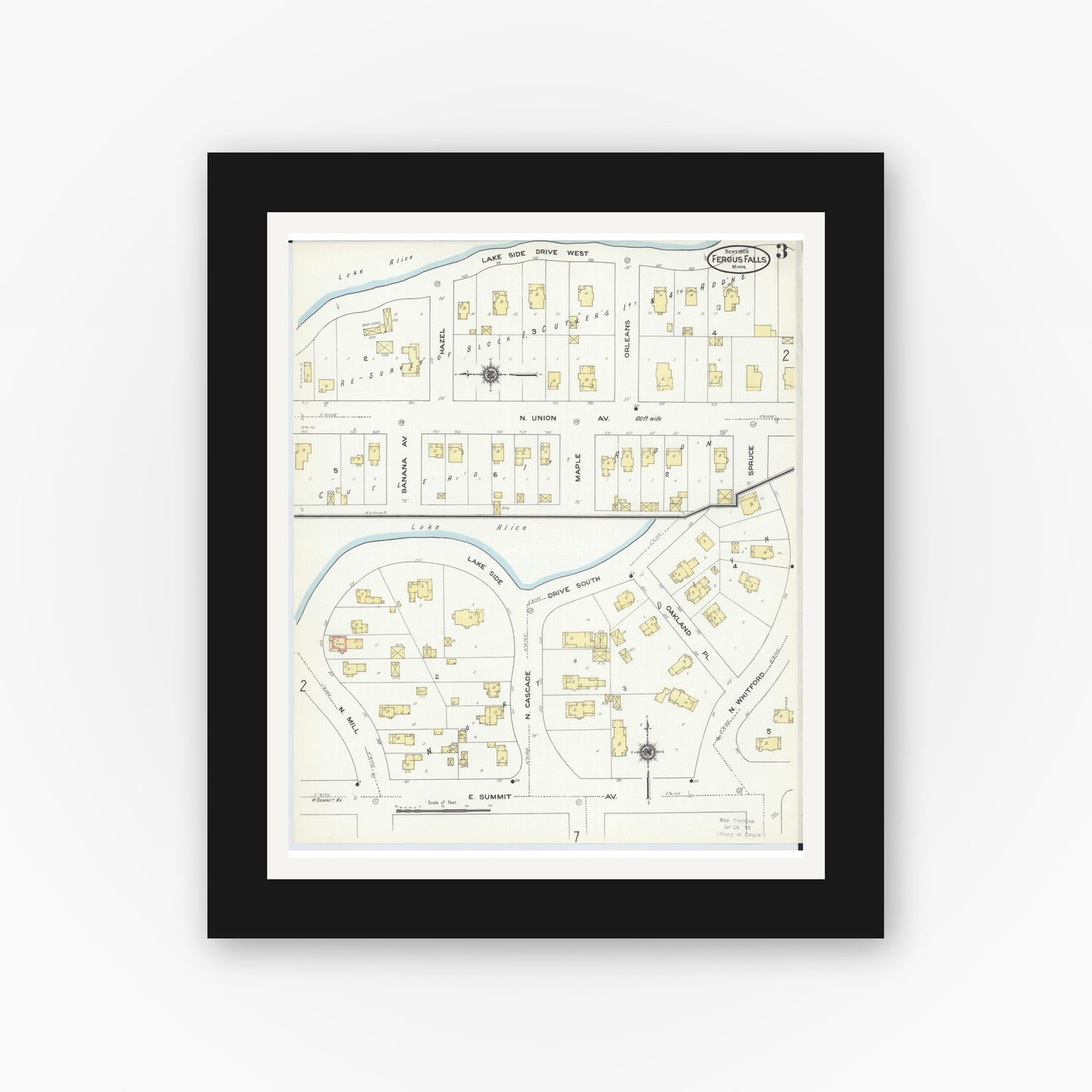 Old map wall art mockup — black gallery frame with white mat — Sanborn Fire Insurance Map from Fergus Falls, Otter Tail County, Minnesota (1909), Sheet #0003